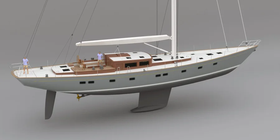 The naval architect's rendering of Ouzel under her rig, sheer profile.